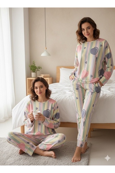 Silona Homewear 3 İplik Şardonlu Kışlık Kalp Desenli Pijama Takımı