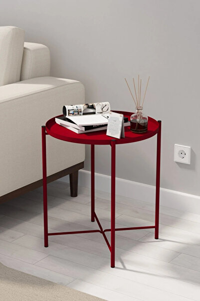 ROYALGROSS Modern Metal Yuvarlak Yan Sehpa - Kırmızı Dekoratif Antrasit Pasla...