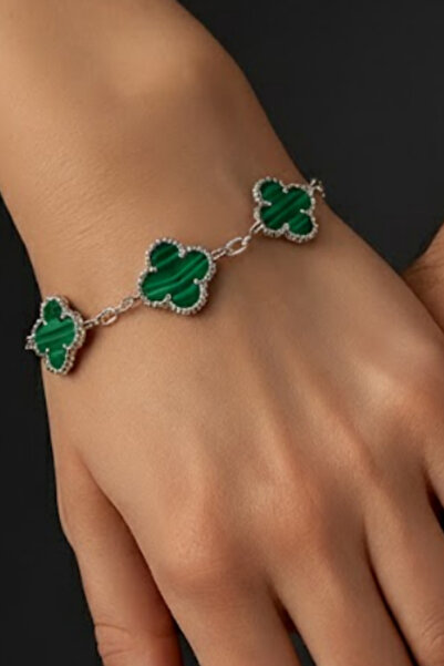 OSMANLI GÜMÜŞ Kadın Gümüş Bileklik - Şans Dört Yaprak Motifli Yeşil Oniks Taş...