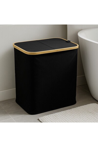 Vichy Doğal Bambu Çerçeveli Katlanabilir Kirli Sepeti – Kapaklı ve Kumaş Gövdeli Çamaşır Sepeti (Siy