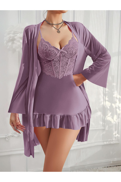 Dodes Özel Tasarım Dantel İşlemeli Fırfırlı Sabahlıklı 2'li Mor Gecelik Takımı