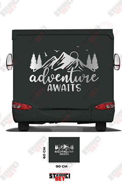 STİCKERCI BEY ملصق كارافان مزين بصورة جبل وشجرة مع عبارة 'المغامرة تنتظر'