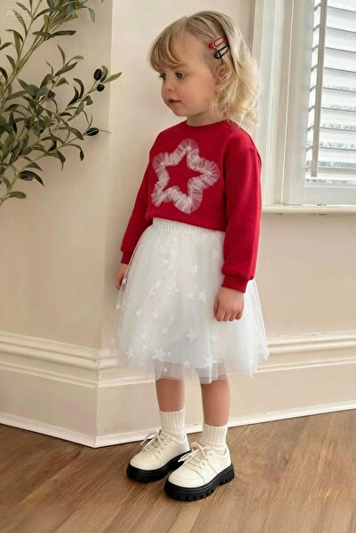 Magu Girl's Cotton Red Star Applique Set - Set of 2 with White Tulle Skirt