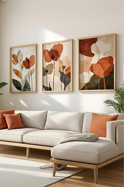 Ryta Pictură botanică abstractă, tonuri de pământ, set de 3 tablouri înrămate