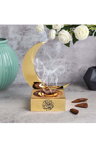 Story of candle رمضان ، مبخره بخور بهلال رمضان مصنوعه من الاكريليك اللامع ، تحمل عبارة "مرحب ياهلال" بتصميم مميز
