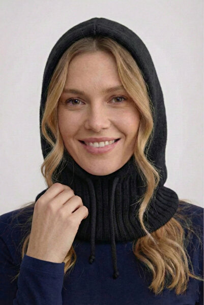 nacar çarşı Women's Black Knitted Balaclava - Hooded Winter Neck Warmer Beani...