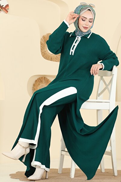 ModaMerve Derin Yırtmaçlı Triko Takım 503TPK1167-MS Zümrüt