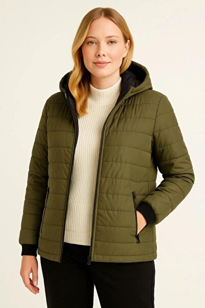 RAWEA FASHİON Women's Puffer Jacket with Hooded Zippers, Water-Repellent, Quilted Lining, Fabric Pockets, Winter Comfortable Fit - Khaki