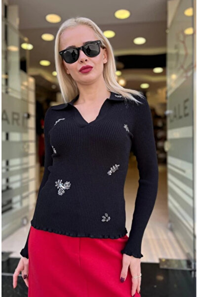 Unique Polo Neck Stone Embroidered Knitwear
