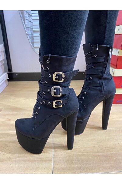 Afilli حذاء نسائي أسود من جلد الغزال برباط علوي سميك بكعب عالٍ نصف جزمة أنيقة نصف جزمة