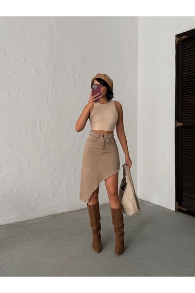 Blue Wings ETEK YAN PÜSKÜL ASİMETRİK KETEN ETEK