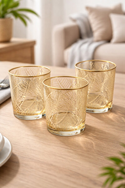 SIGMA GLASS Altın Yaprak Desenli Cam Bardak 3’lü Set | Dekoratif Şık Sunum Bardakları derinlik 8cm 380ML
