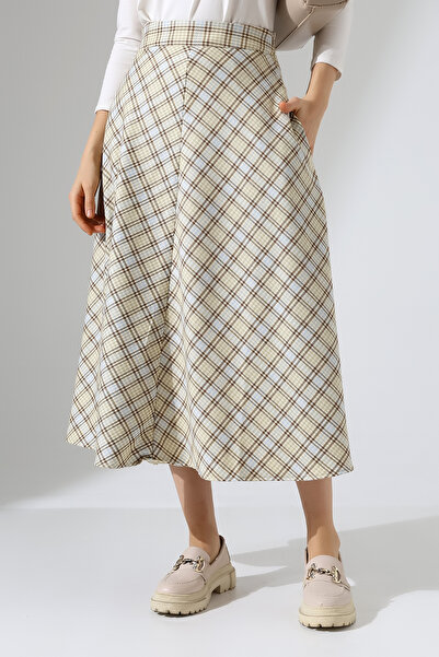 Hisleria Women's Zippered High Waist Pocketed Checkered Flared Midi Skirt - Brown Striped