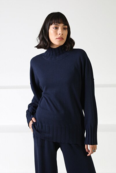 Ferraro Navy Blue Long Sleeve Half Turtleneck Comfortable Fit Cashmere Women's Knitwear Sweater