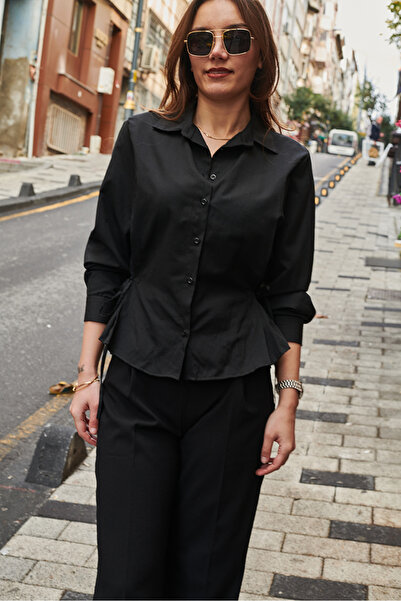 Başak Bulut Butik Yanı Bağlamalı Siyah Gömlek