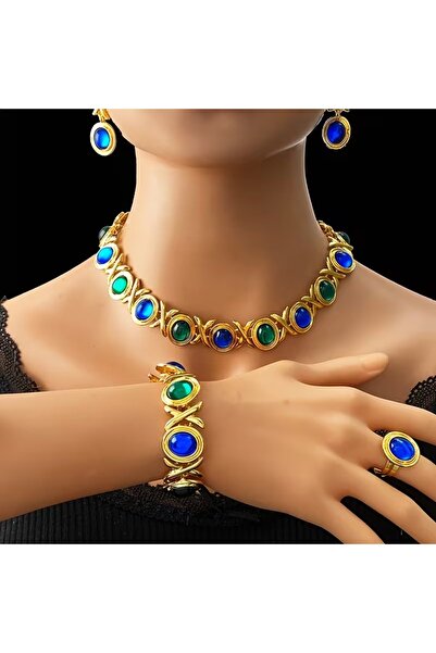 byozanyılmaz MAVİ VE YEŞİL TAŞLARLA İŞLENMİŞ ALTIN KAPLAMA KOLYE KÜPE YÜZÜK B...