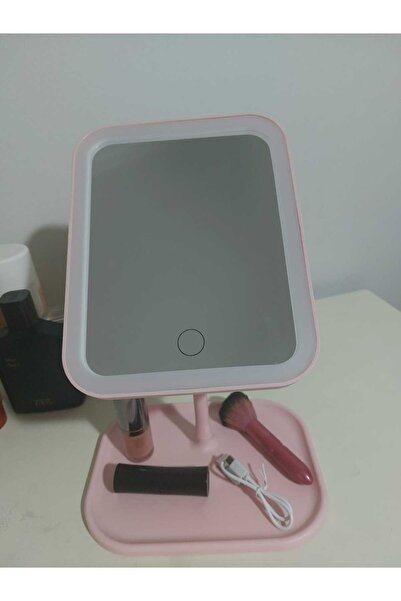 img Led Işıklı Usb Şarjlı Dikdörtgen Masa Üstü Makyaj Aynası Dokunmatik Pembe...