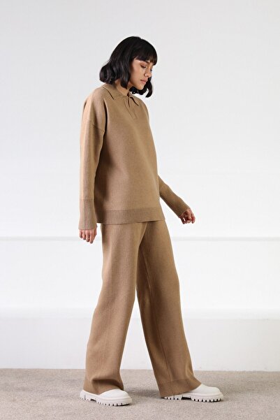 Ferraro Camel Long Sleeve Relaxed Fit Polo Neck Cashmere Women's Knitwear Sweater