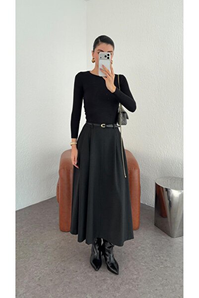 HAZELANNA Kemerli Uzun Siyah Etek