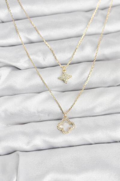 Clariss Brass Gold Color Clover Model 2-Piece Women's Necklace