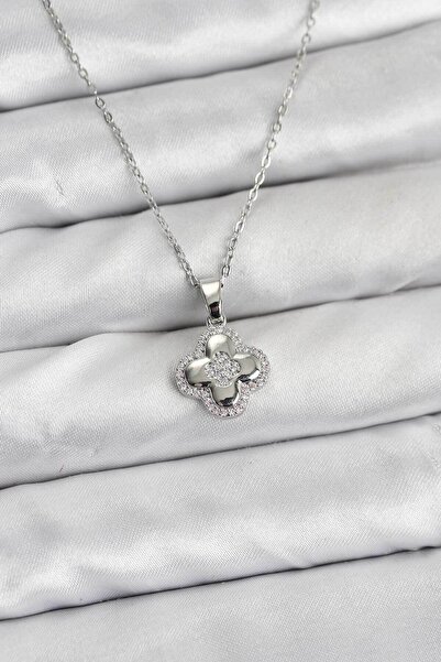 Clariss 316L Çelik Zincir Gümüş Renk Zirkon Taşlı Yonca Model Kadın Kolye