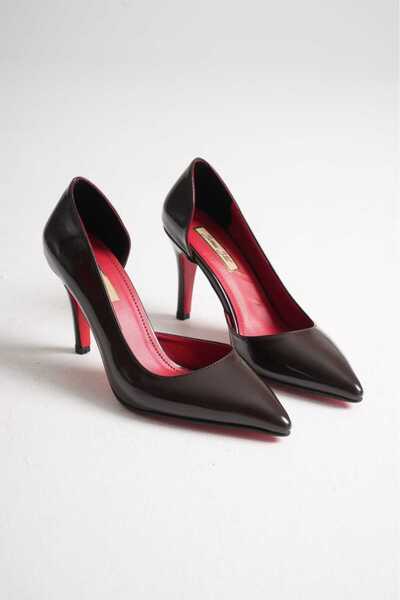 Macelife Kahverengi Rugan Sivri Burun Kırmızı Tabanlı İnce Topuklu Stiletto