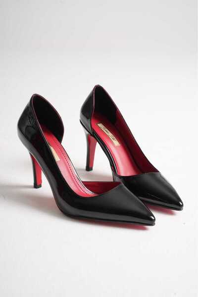 Macelife Siyah Rugan Sivri Burun Kırmızı Tabanlı İnce Topuklu Stiletto