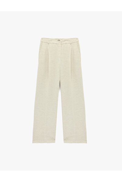 Koton Linen Blend Wide Leg Trousers with Pile Detail Pockets