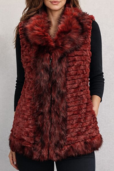 ihaoo WOMEN'S RED FUR VEST