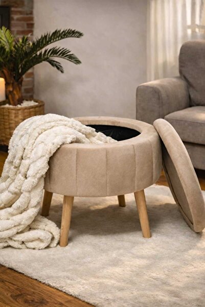 İMOKA DİZAYN ARLİN Babyface Kum Beji Modern Sandıklı Dekoratif Puf Sandalye