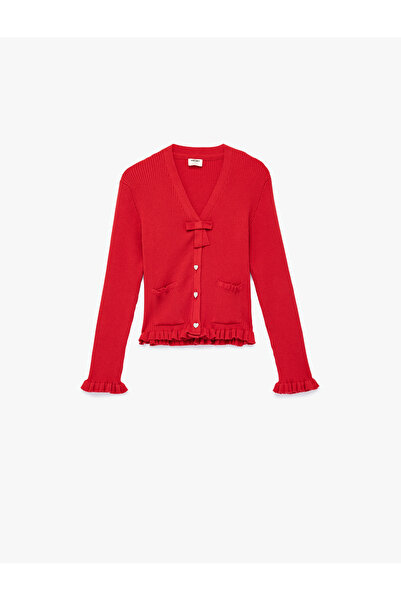 Koton Long Sleeve V-Neck Bow Viscose Blend Knitwear Cardigan