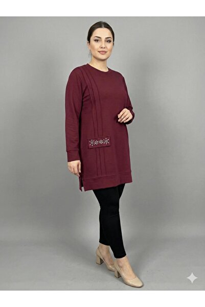 F&D Tekstil تونيك نسائي بتفاصيل مطرزة بالحجر وياقة دائرية مقاس L قماش قابل لل...