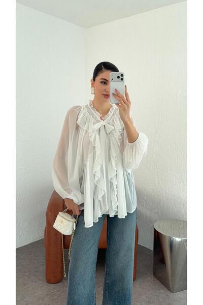 HAZELANNA Fırfırlı Beyaz Tül Bluz