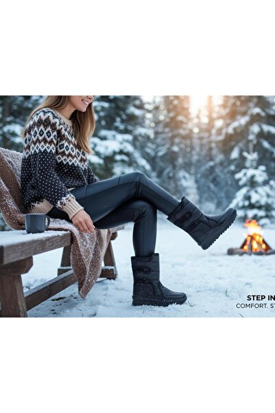 BAYRAMOĞLU KUNDURA Cizme de zăpadă negre pentru femei, cu blană în interior, ...