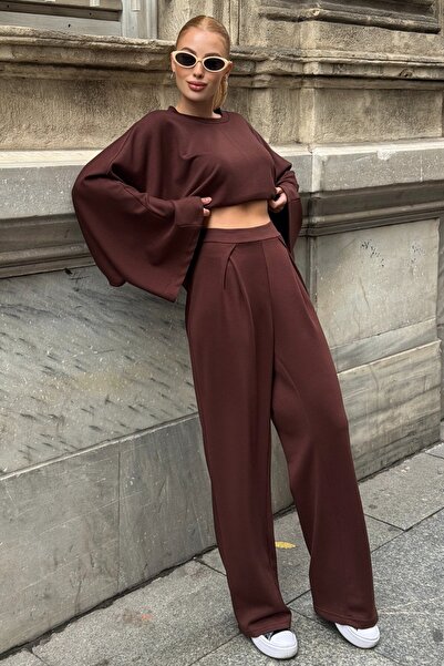 Trend Alaçatı Stili Kadın Acı Kahve Geniş Kol Detaylı Oversize İkili Takım Vs01583