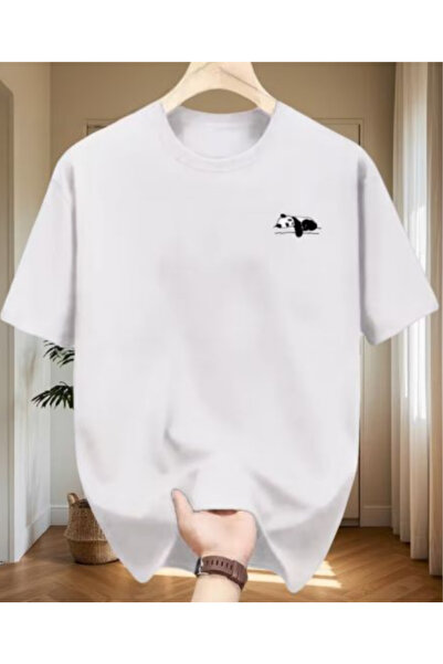 shi dumanlar giyim Oversize Yatan Panda Gögüs Baskılı Unisex /Bay T-Shirt tsh...