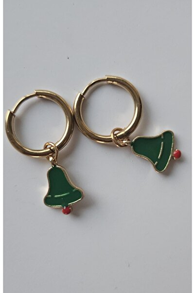 MITH SB TAKI Christmas Themed Green Bell Stainless Steel Hoop Earrings - Gold