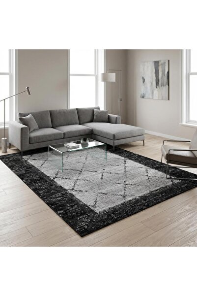 Carpettex Antrasit Çerçeveli Açık Gri Baklava Desenli Dijital Baskılı Kaymaz ...