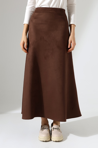 Hisleria تنورة نسائية أنيقة متوسطة الطول من جلد الغزال - بني