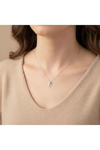hand-iz 925 Ayar Gümüş Zincirli E Harfli Doğum Taşlı Gümüş Kolye