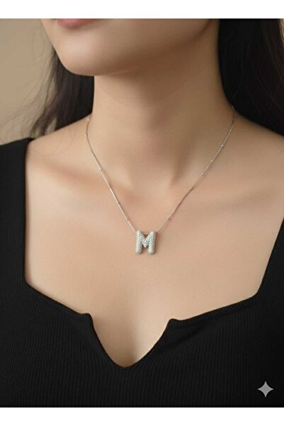 livaz accessories Çelik Kadın Zirkon Taşlı M Harfli Balon Kolye