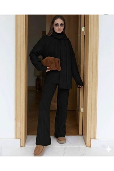 MODA Set de 3 piese pentru femei, negru, cu șal, împletit, pantaloni, tricotaje