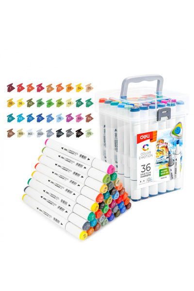 Deli SET OF 36 ALCOHOL SKETCHING MARKERS DOUBLE TIP ROUND 1MM/BEVEL 7MM