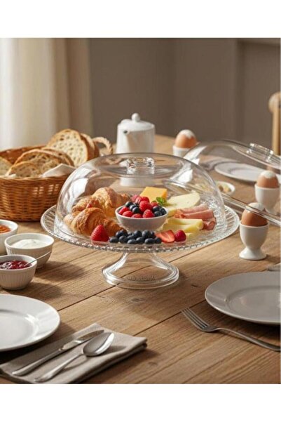 abnturk Kristal Kek Fanusu Tam Korumalı Şeffaf Sunumluk Ayaklı Kek Kurabiye P...