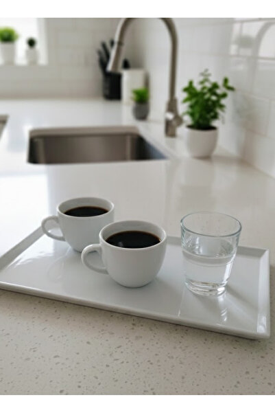 abnturk 35 x18 Beyaz Dikdörtgen Melamin Kahve Sunum Tepsisi