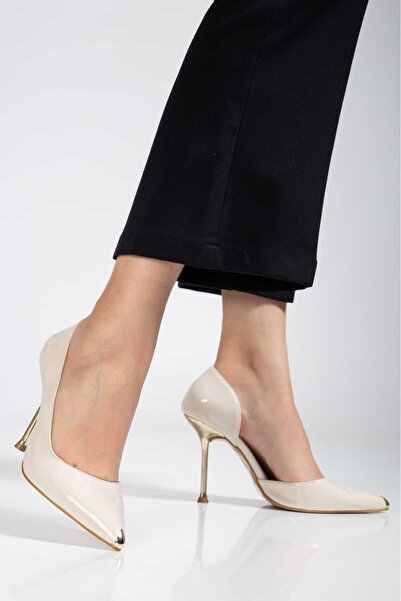 Kartezyen New Season Beige Patent Leather Elegant and Stylish Stiletto Heel H...