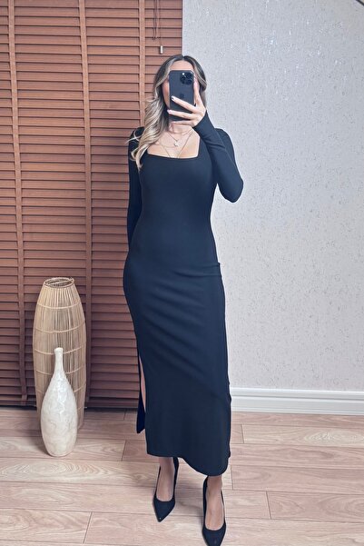 Mucios Parmak Geçmeli Kare Yaka Elbise