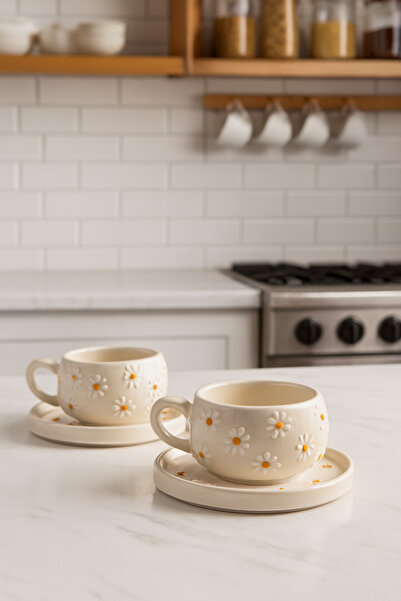 Mudi Store El Yapımı Papatya Desenli 2 Kişilik Çay Fincanı Takımı – 4 Parça, ...