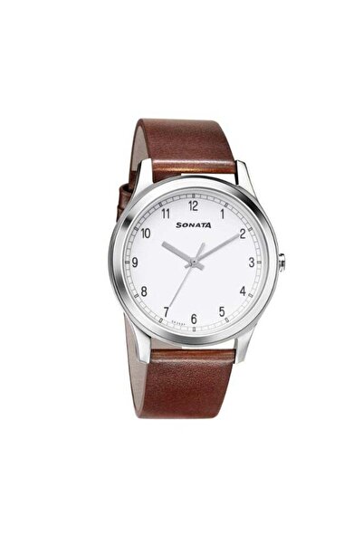 SONATA 7135SL03 Men's Analog Watch - White Dial, Brown Leather Strap