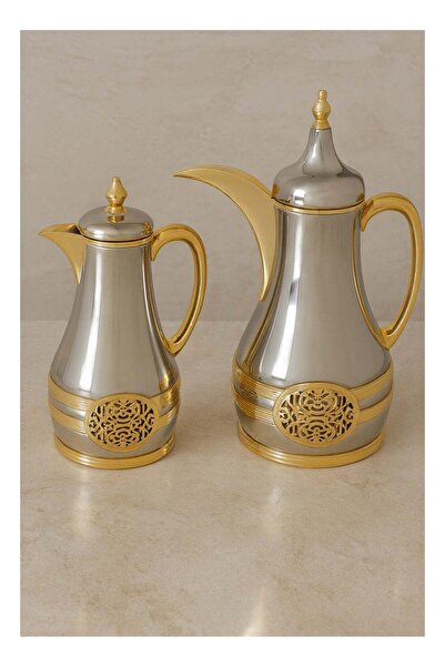 BASURRAH طقم شاي فاخر من الكروم والذهب - قطعتان، سعة لتر واحد
